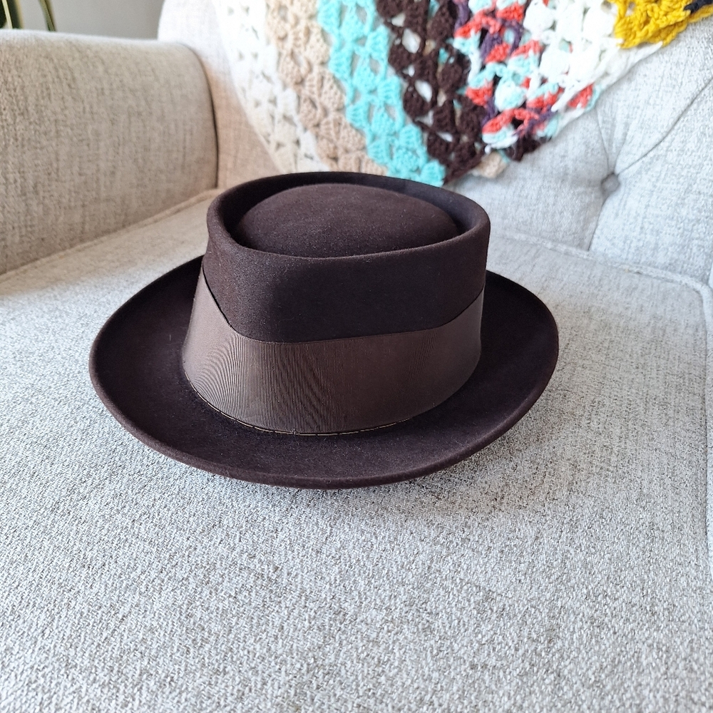Vintage Stetson Mallory Durafelt Dark Brown Porkpie Hat with Wide Band